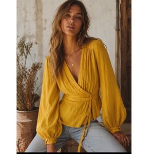 ASOS Mustard Yellow Wrap Top Deep V-Neck Balloon Sleeve Open Back Sz 8